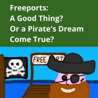 thumbnail of cartoon pirate standing next to a skull and crossbones pirate flag flying from a wooden pier with a Freeports sign on it