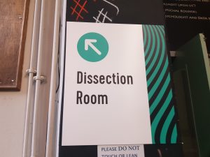 the event For A Scottish Republic was held at Summerhall which was a former veterinary college. This is a signpost to the meeting room called the Dissection Room, which may have been its original purpose